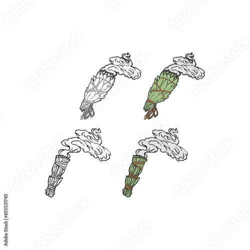 Sage or basil smudge stick hand-drawn doodle isolated icon. Vector plant leaves image. White sage herb bundle