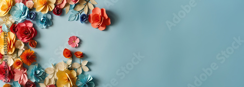 Colourful handmade paper flowers on light blue background. Copy space