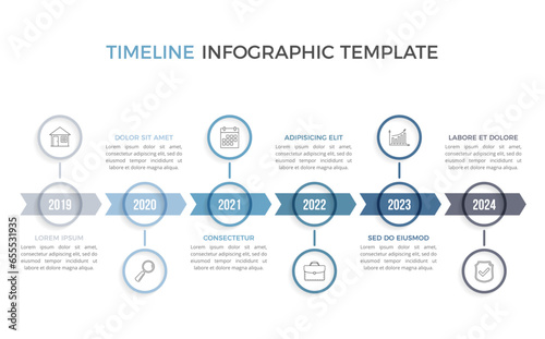 Timeline - infographic template with six arrows with place for your icons and text, vector eps10 illustration