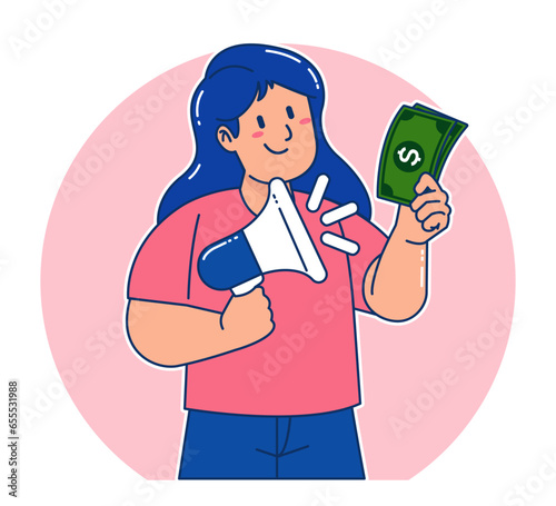 Cartoon woman holding money bills