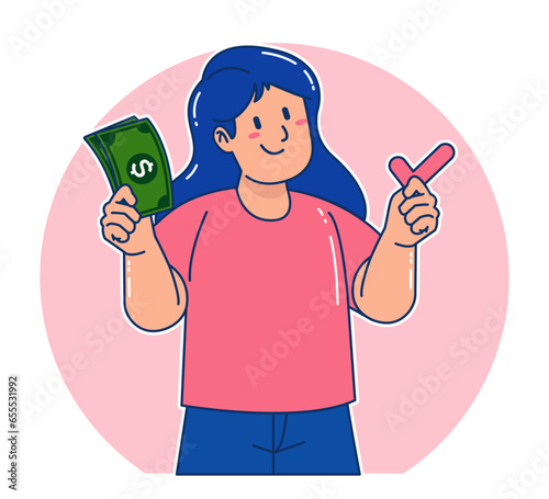 Cartoon woman holding money bills