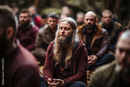 Meditative Man in Group Setting with Eyes Closed