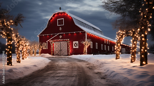 Christmas lights on red barn - vertical shot - holiday spirit - festive lights - country living 