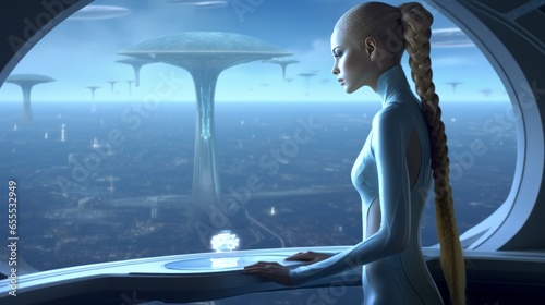 Pleiadian Alien Woman Watching From a Space Ship Window photo