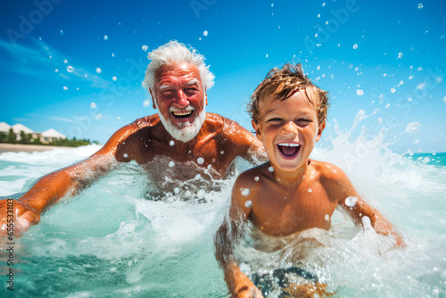 Senior man and a child playing on the beach in the summer, splashing water and having fun © MVProductions