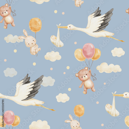 Cute watercolor pattern for childish textiles or fabrics with flying stork holding newborn, bear and bunny on balloon in clouds on blue background