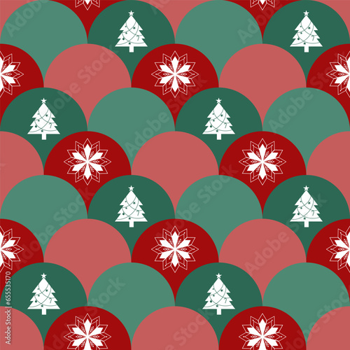 Christmas theme pattern vector. Red and green Christmas ball with Christmas tree and snowflake. Red-green waveform vector. overlapping of semicircles. Design for wrapping paper, card, fabric
