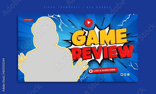 Virtual game review social media video thumbnail or web banner template. vr gaming technology or sports tech company business marketing website cover. Cyberspace background by grunge halftone pattern.