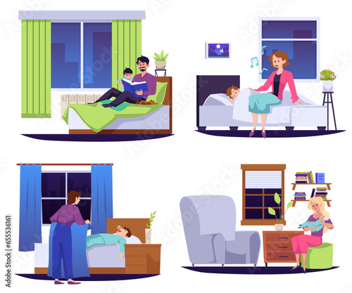 Set of parents and falling asleep children, bedtime flat style