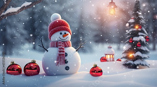 Happy snowman standing in winter snow christmas. winter secenery © Fiva