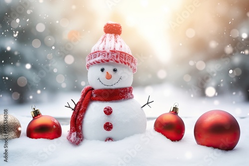 Happy snowman standing in winter snow christmas. winter secenery