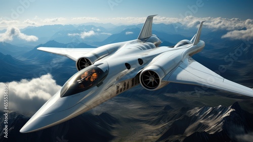 Futuristic passenger jet flying on sky, Futuristic High tech.