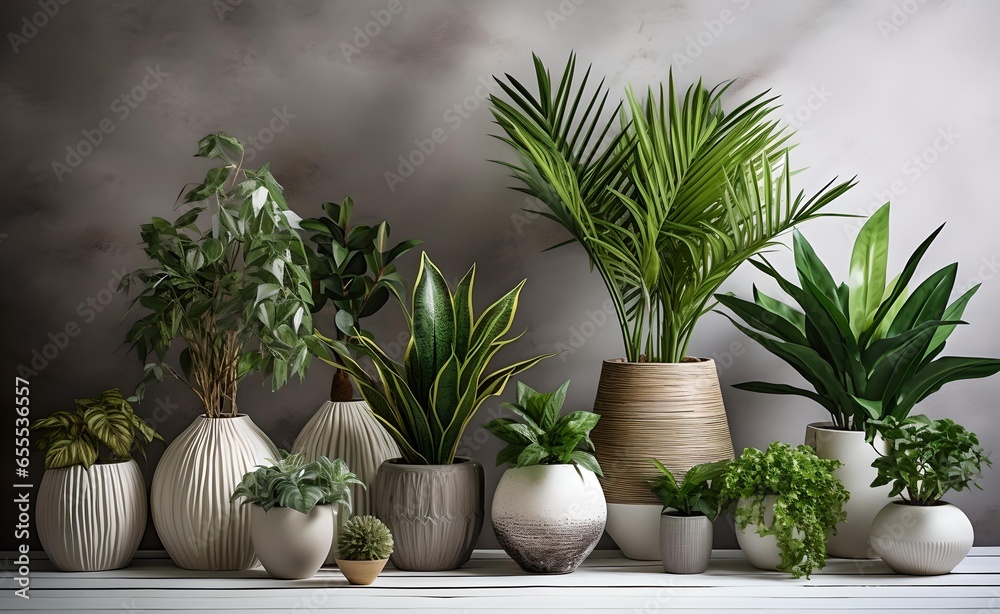 Several diverse plants in pots on a gray wall.