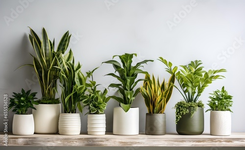 Several diverse plants in pots on a gray wall.