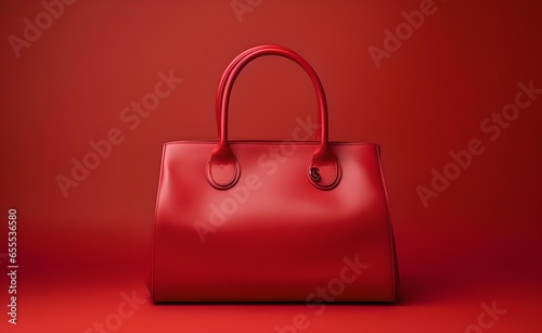 Women red bag isolated on red pastel background. Front view of genuine full grain leather lady shopping bag.