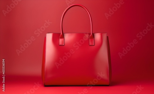 Women red bag isolated on red pastel background. Front view of genuine full grain leather lady shopping bag.