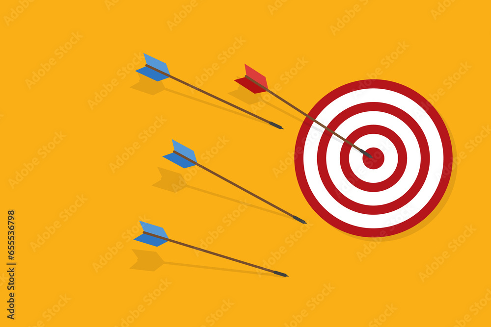 Blue arrows missed hitting target and only red one hits the center. Business challenge failure and success concept. Blue arrows missed hitting target and only red one hits the center. Business challenge failure and success concept.