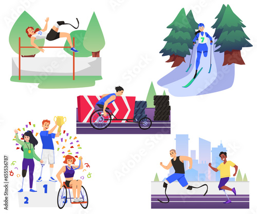 Set of scenes with disabled athletes flat style, vector illustration