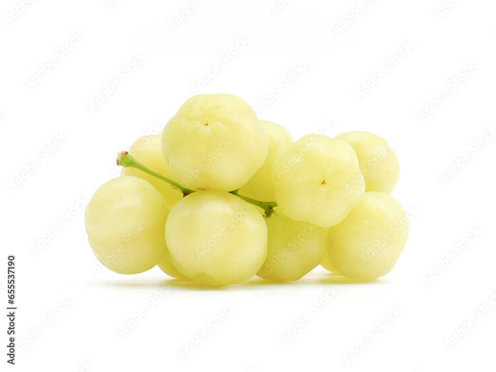 fresh organic sour gooseberry laying on white background small gooseberry Contains antioxidants to help slow down aging Help in matters of the excretory system. and is high in vitamin C.	