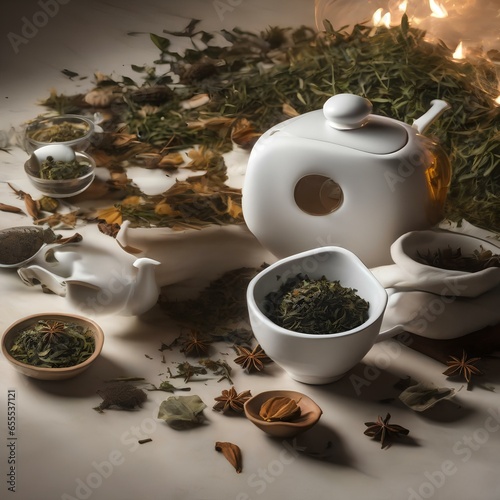 A teapot surrounded by various loose tea leaves and dried herbs1