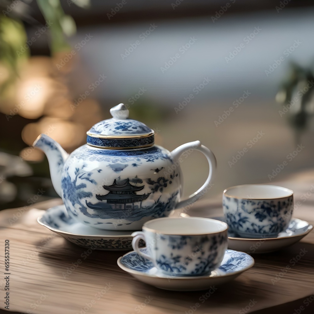 A teapot and teacup set with intricate Chinese porcelain patterns1 A teapot and teacup set with intricate Chinese porcelain patterns1