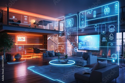 Concept art illustration of living room interior in cyberpunk style