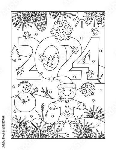 Year 2024 coloring page, sign, poster or banner with gingerbread man, snowman, smiling snowflake and outdoor winter scene.
