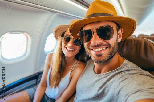 Happy younger couple wearing straw hats and sunglasses, sitting on a plane. Upcoming travel or vacation concept © MVProductions