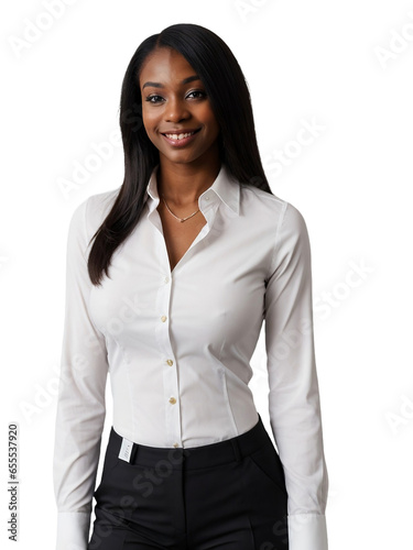 Black businesswoman, black woman wearing a suit, smiling and looking at the camera, isolated, transparent background, no background. PNG.