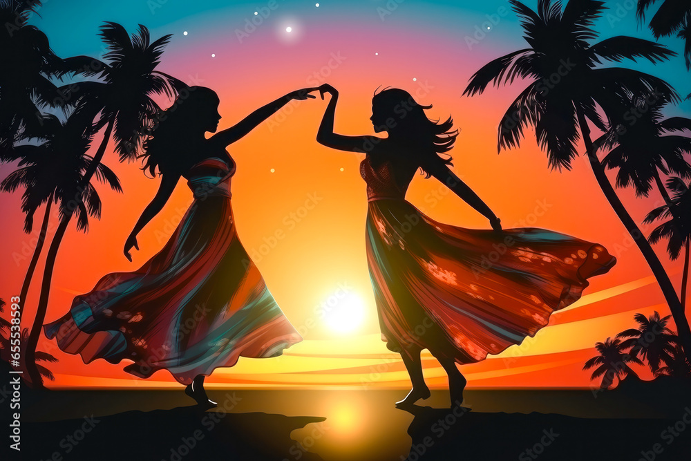 Illustration of a silhouette of two pretty girls dancing in a disco on a summer night
