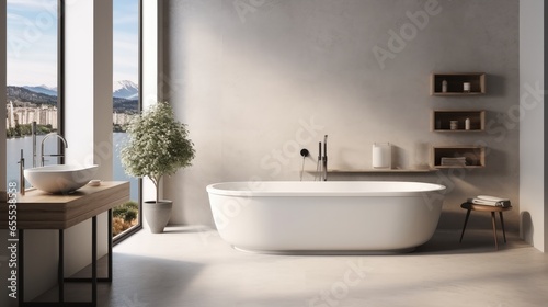 Modern Bathroom, Tub with wash basin and window.