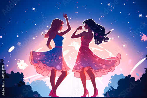 Illustration of a two pretty girls dancing in a disco on a summer night