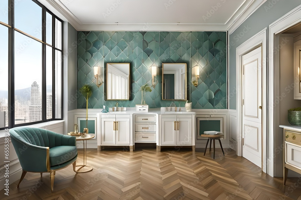 Fototapeta premium Pictures of a bathroom featuring traditional design elements, including walls covered in ceramic tiles, and featuring opulent gold-plated accessories that add a touch of luxury.