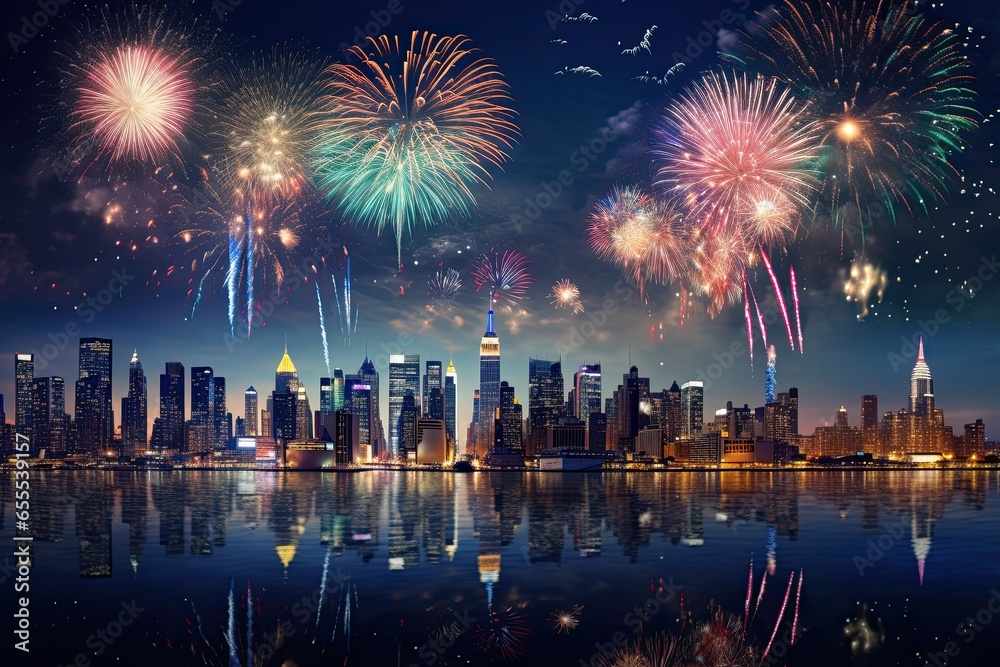 Fototapeta premium Fireworks exploding over illuminated cityscape. the city skyline has been lit up in fireworks