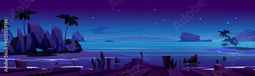 Night sea beach with wood pier summer background. Wooden embankment near ocean with tropical palm tree and sky view at nighttime. Outdoor timber path with seascape dark wallpaper illustration