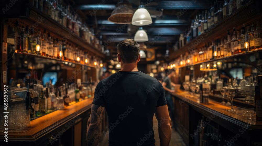 Man wearing a black t-shirt standing near bottles of alcohol drinks on shelves in bar, Rear view.