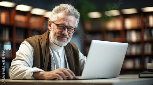 Senior man studying with laptop in library.