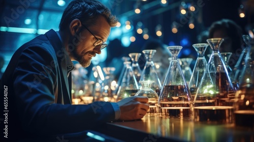 Chemical engineer conducting experiments in a laboratory, Chemical research.