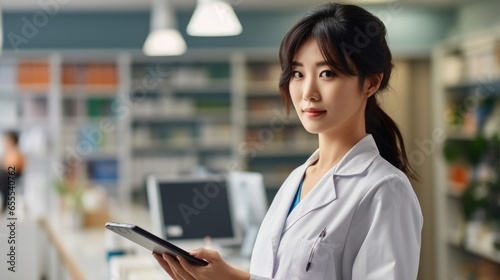 Asian health worker is standing in a pharmacy.