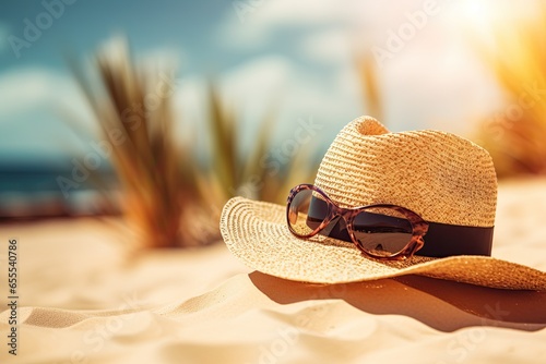 Sunglasses and straw hat lying on the sand on a beach against the sea. holiday concept