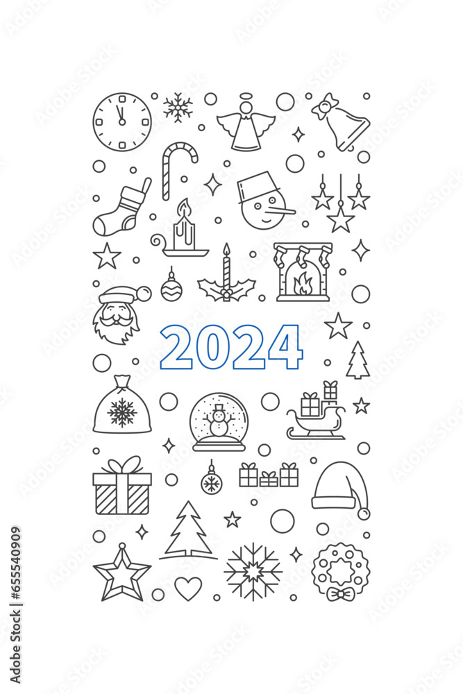 2024 Merry Christmas and Happy New Year outline vertical banner - vector Xmas illustration