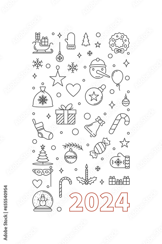 2024 Merry Christmas outline vertical poster - vector Happy 2024 New Year illustration Stock 