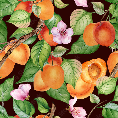Watercolor seamless pattern of branch with apricot, green leaves isolated on dark. Painting fruit tree, fruitage hand drawn. Design element for card, package, poster, label jam, cosmetic, juice, oil