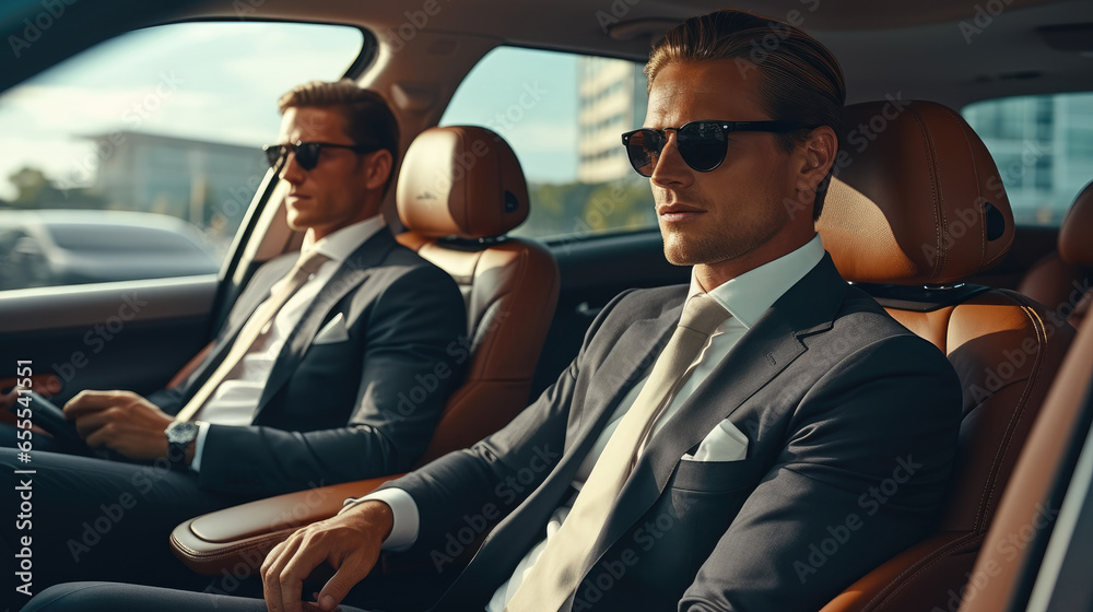 Two confident businessman travelling in a modern car. - obrazy, fototapety, plakaty 