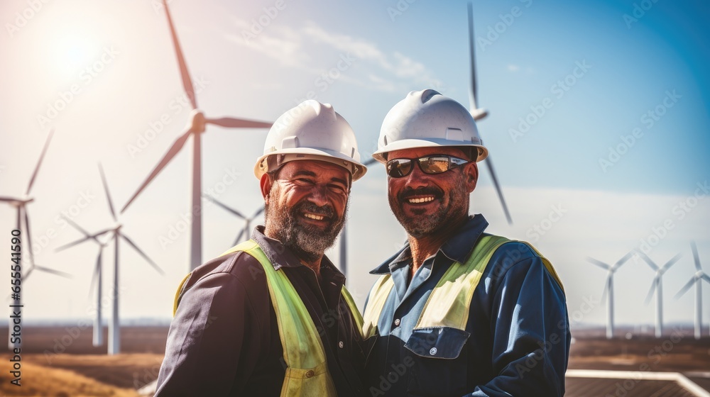 Maintenance engineer team working in wind turbine farm, Future electrical production. Maintenance engineer team working in wind turbine farm, Future electrical production.