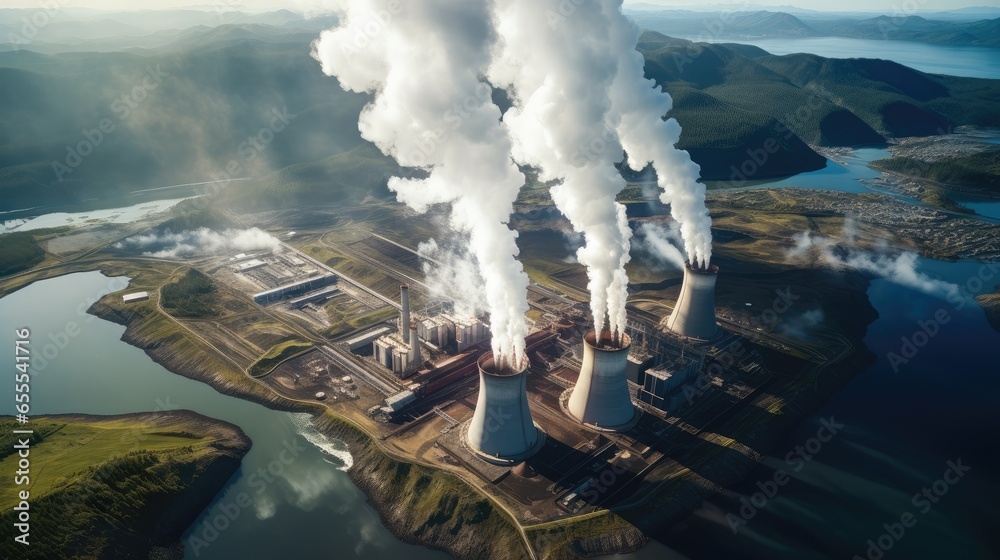 Volcanic energy power plant station, The power station tapping into Earth's warmth for renewable electricity, Eco-friendly energy generation, Aerial view.