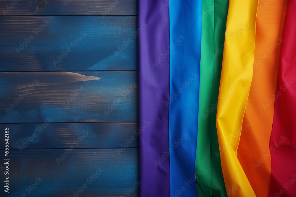 LGBT rainbow flag on a wooden blue background. Lesbian, gay, bisexual, and transgender flag