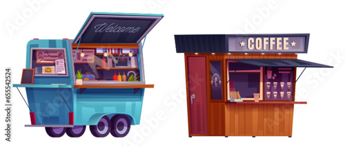 Food stall with coffee and hamburgers for street market. Cartoon vector illustration set of vehicle and kiosk for selling snacks and drinks outdoor. Mobile marketplace or fastfood restaurant.