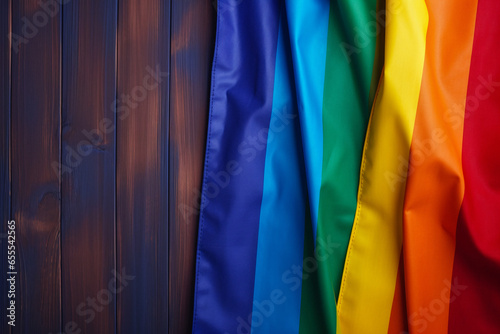 LGBT rainbow flag on a wooden blue background. Lesbian, gay, bisexual, and transgender flag