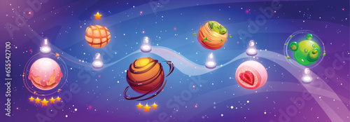 Space game ui level map with imaginary sweet dessert planets on path. Cartoon vector illustration of gaming route with steps marked with magic alien cosmic orbs looking like candy and pastries.